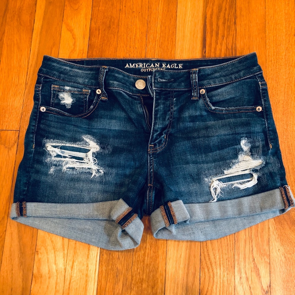 AE Distressed Mid Wash Denim Cuffed Shorts